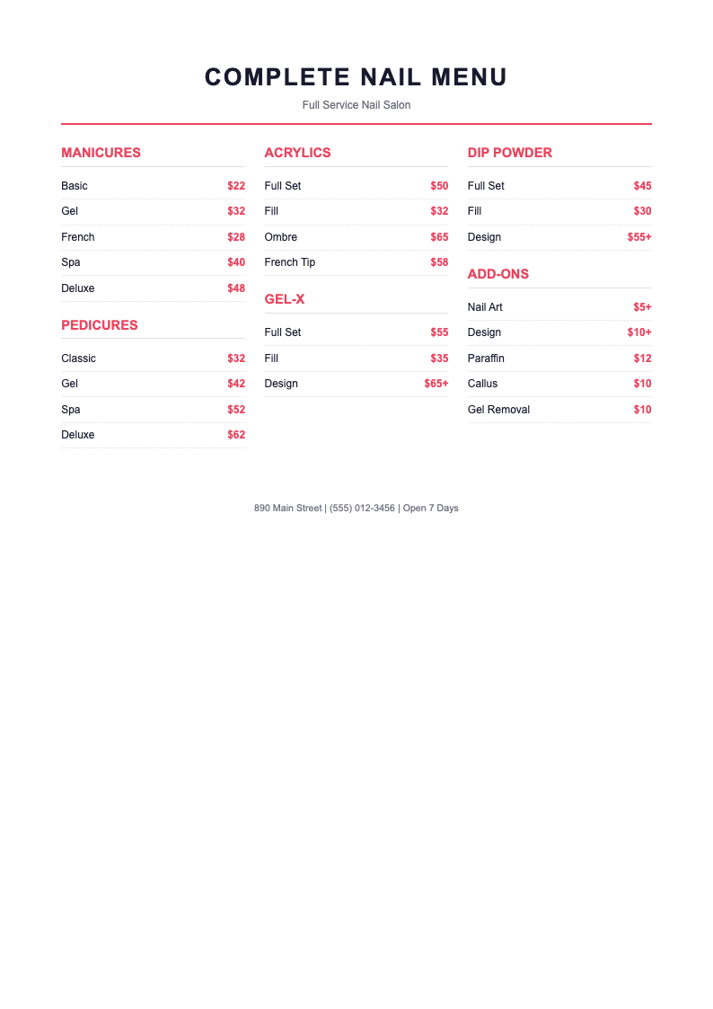 Three column grid nail price list